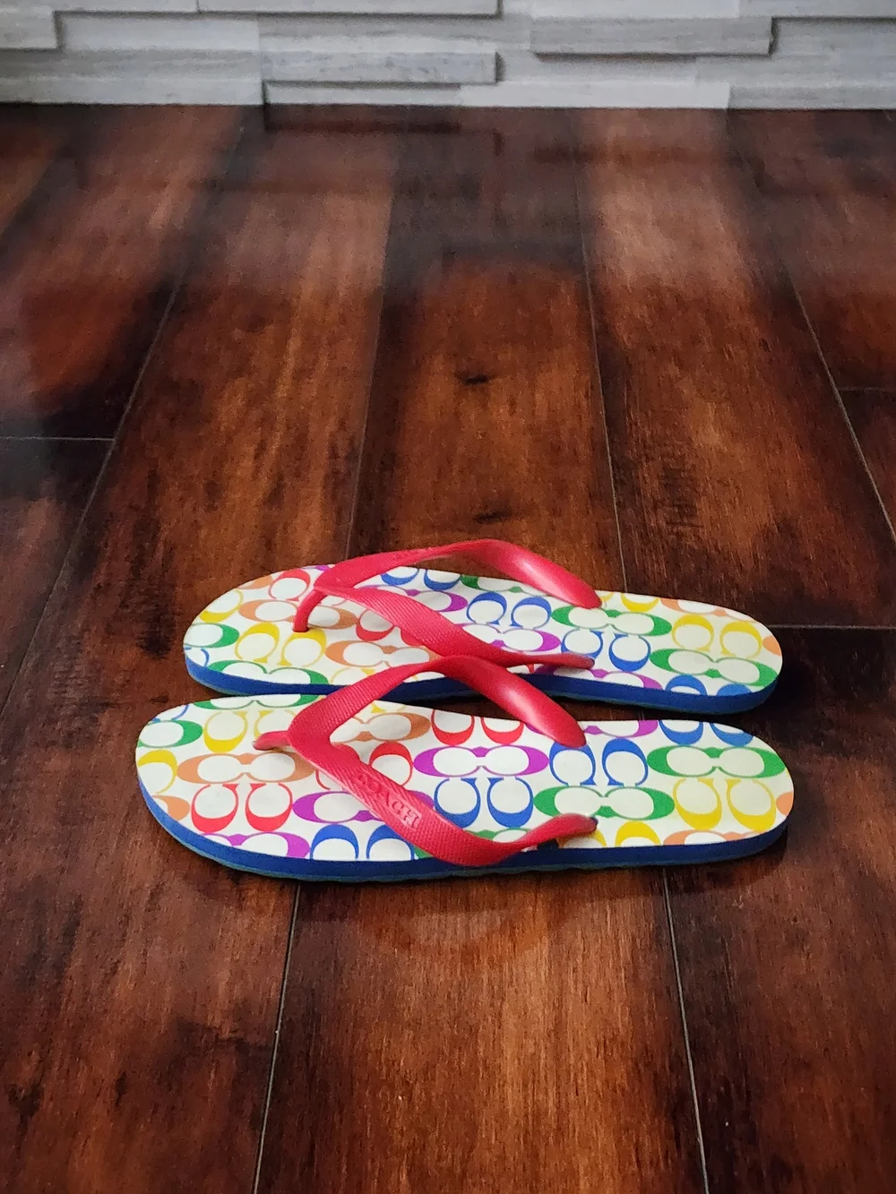 Coach Rainbow Logo Flip Flops with Pink Straps